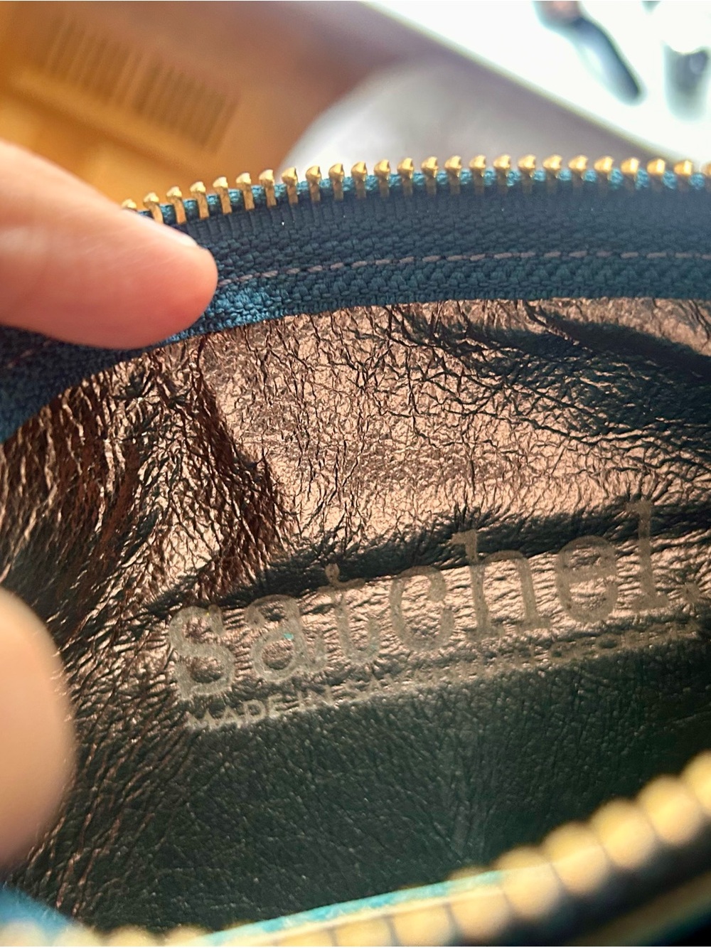 Teal Leather Wristlet Satchel with Gold Zip - Picture 2 of 5